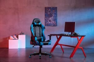 blue padded seat with high backrest