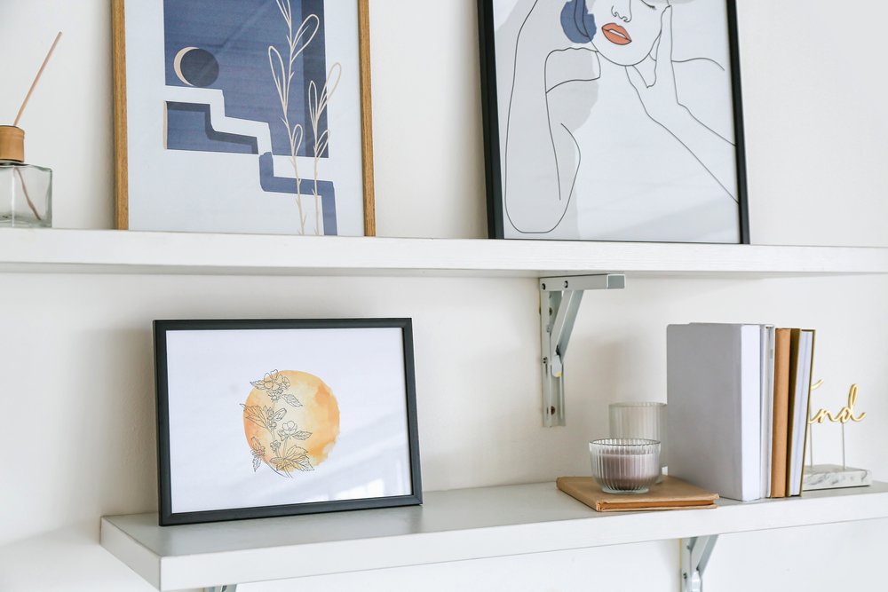 A photo display rack at home